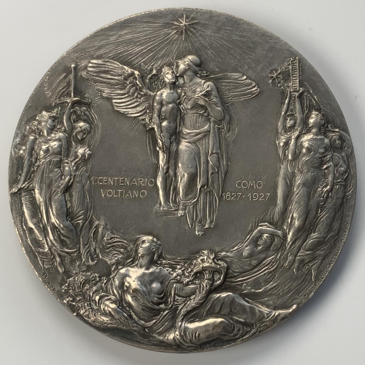 掌中浮雕-藏着的欧洲第040场 1927年意大利物理学家伏特逝世100周年镀银铜章 G.Lonazzi雕刻，59mm
