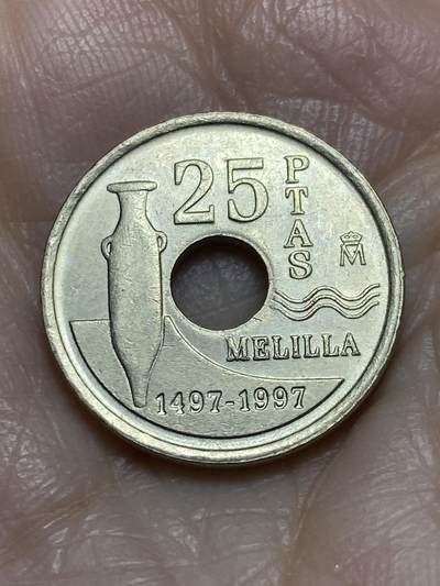 2025年第一百二十二场(总第一百四十八场）外国好品散币(免佣金) - 西班牙🇪🇸1997年25比塞塔(梅利利亚自治市纪念币)