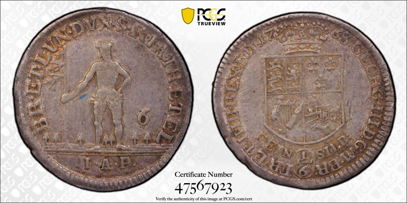 博洋堂“物美丰成”11月精品专场暨第145期（全场包邮） PCGS AU55 德国布伦瑞克-沃芬布特尔1763年野人6Mgr银币，唯一冠军分！