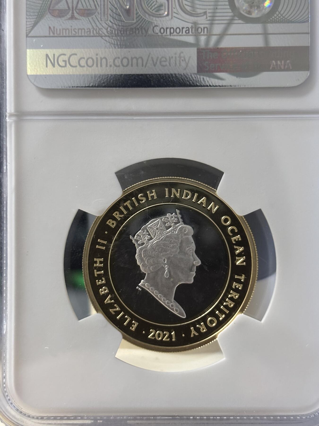 第181期拍卖 英属印度洋领地2021年女王神兽耶鲁山羊双色纪念银币NGC-PF69首期无原盒证书，12克，发行量475枚