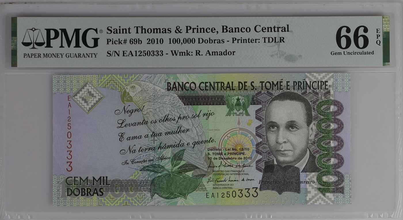 《外钞收藏家》第五百八十一期（畅拍场）（本平台长期征集拍品、欢迎藏友们联系合作） 2010年圣多美和普林西比10万面额 PMG66 无47豹子号333