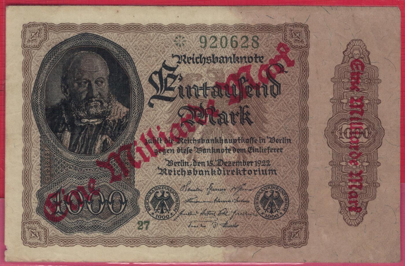 德国1922年(1923年)1000000000(10亿)马克 P-113a 补号钞 无47尾8 实物图 八五品