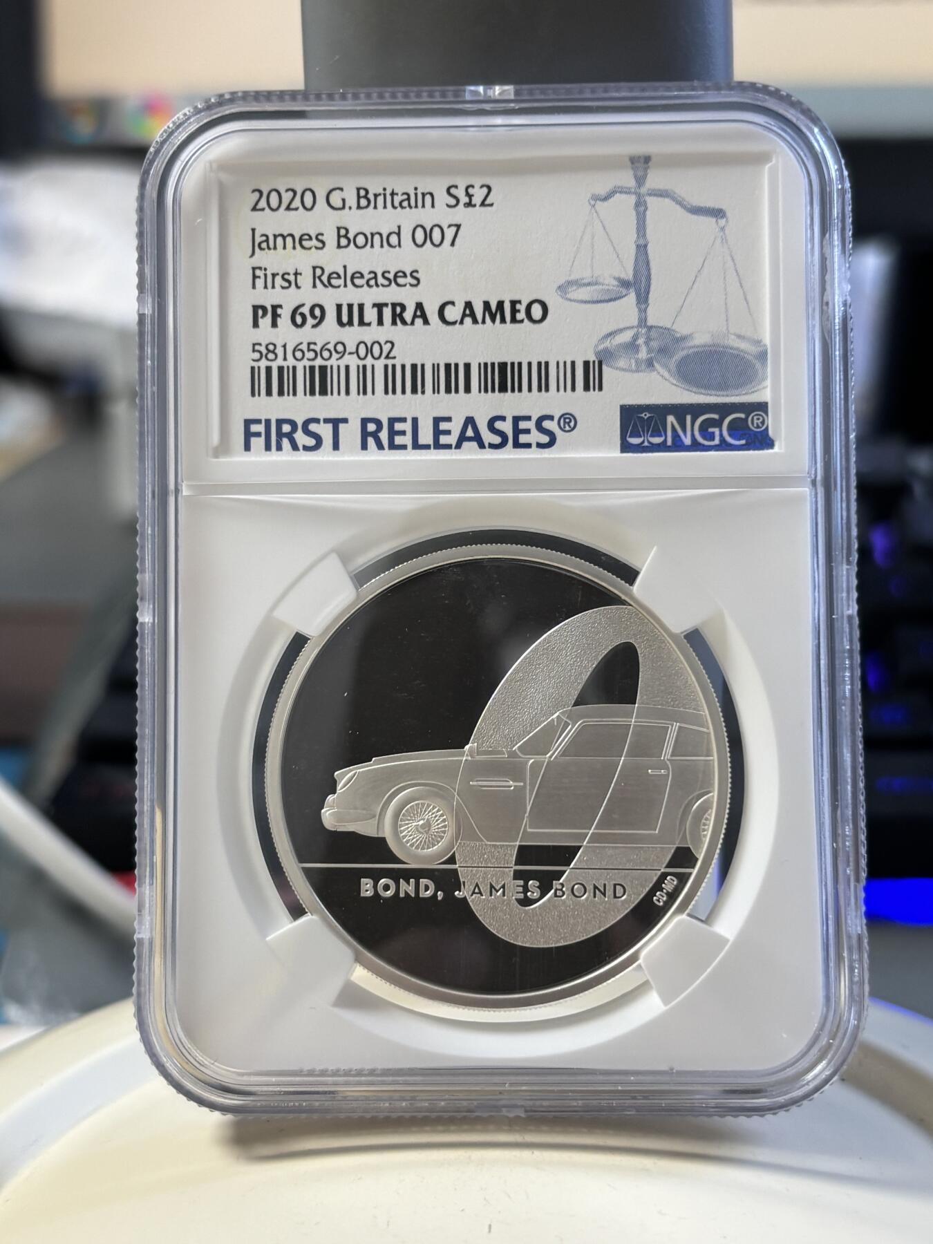 第181期拍卖 英国2020年007詹姆斯邦德系列2盎司银币NGC-PF69首无盒证书，999银，发行2007枚