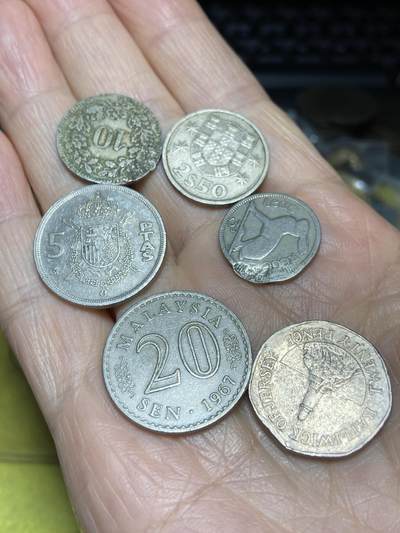 2025年第一百二十二场(总第一百四十八场）外国好品散币(免佣金) - 散币6枚：瑞士🇨🇭1913年10分，葡萄牙🇵🇹1977年2.5埃斯库多，西班牙🇪🇸1983年5比塞塔，爱尔兰🇮🇪1949年3便士，泽西岛🇯🇪2006年25便士，马来西亚🇲🇾1967年20仙