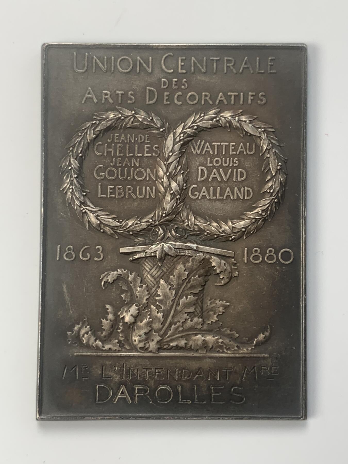 掌中浮雕-藏着的欧洲第040场 1880年法国装饰艺术联盟纪念镀银铜章  ，67 X 47mm，章牌大师奥斯卡.罗蒂Oscar Roty（1846-1911）作品