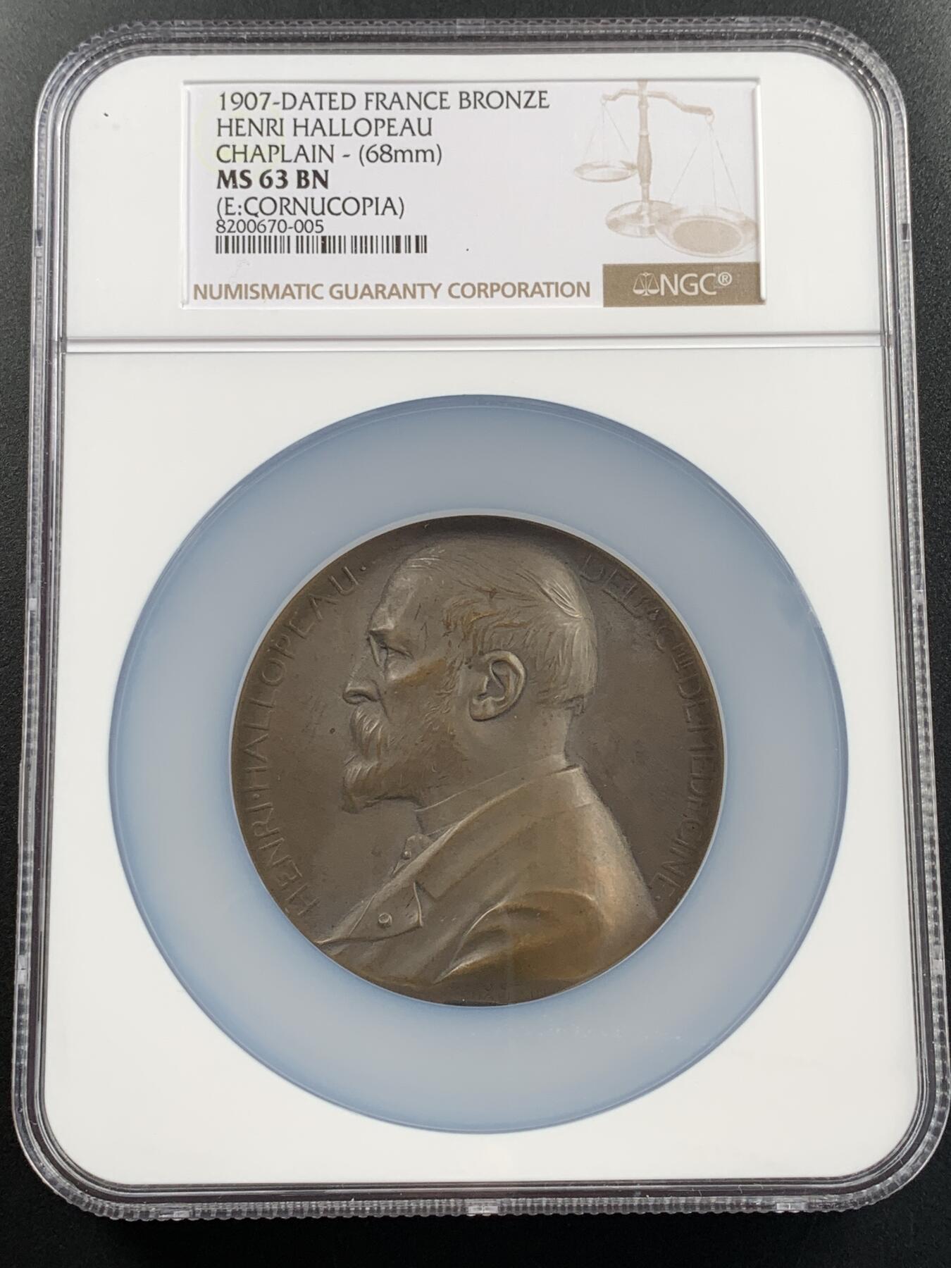 掌中浮雕-藏着的欧洲第040场 NGC MS63 : 1907年法国医学教授亨利.哈洛普纪念铜章，68mm，大师沙普兰（J.C.Chaplain）经典作品
