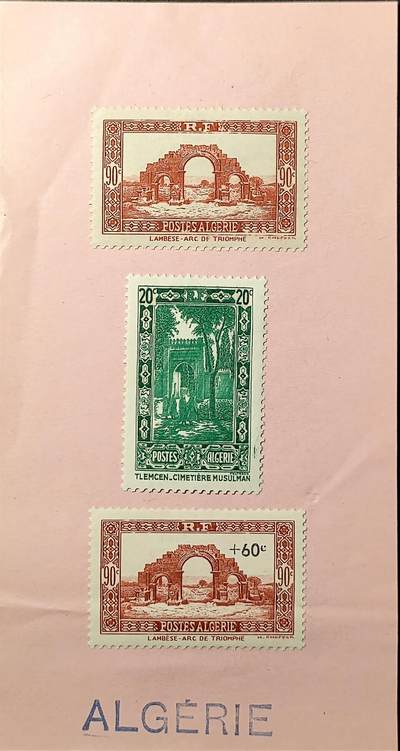↓君缘收藏643期☞钱币邮品↓无佣金、可寄存、满30元包邮  - 法属阿尔及利亚邮票，1936年阿尔及利亚邮票发行10周年·兰贝塞的凯旋门和特莱姆森的穆斯林公墓贴票雕刻版