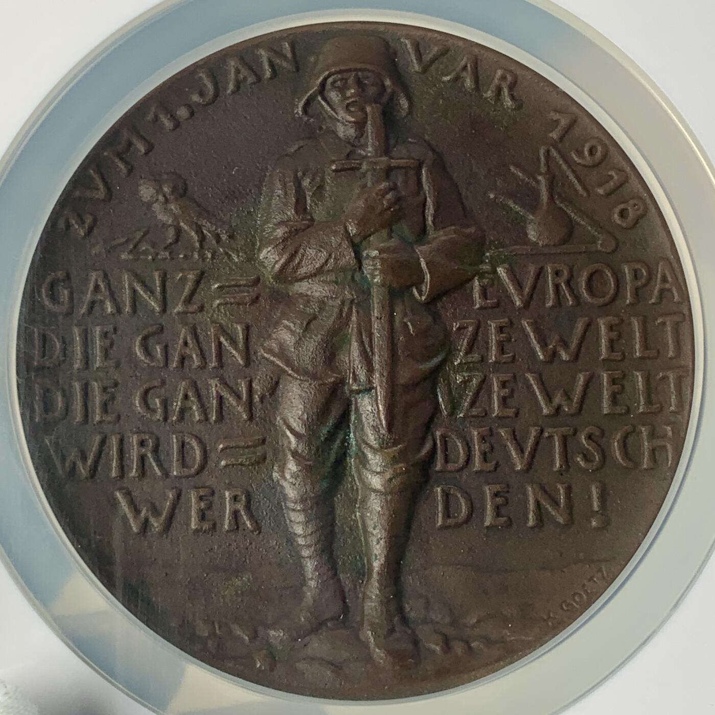 掌中浮雕-藏着的欧洲第040场 NGC MS63 : 1918年元旦德国一战纪念铜章，（卡尔哥茨作品），87mm