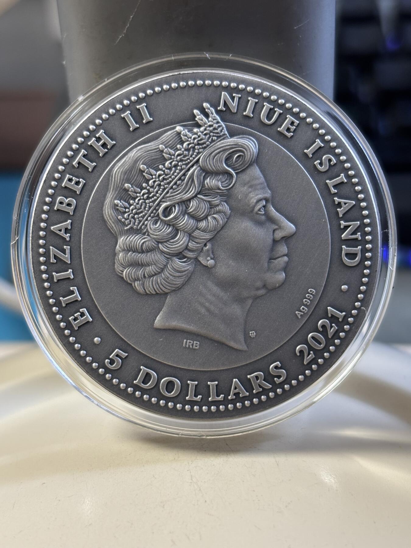 第181期拍卖 纽埃2021年曼陀罗艺术老虎2盎司高浮雕仿古银币，999银，发行量500枚