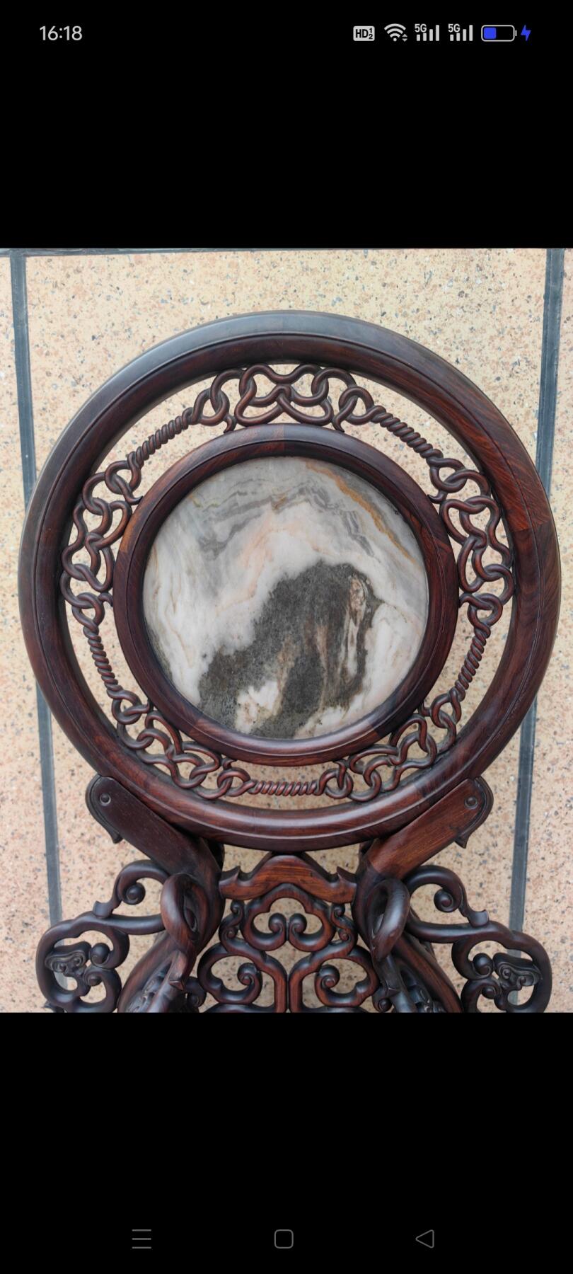 民国时期双面功老红木（大红酸枝交趾黄檀）插屏，云石镶嵌手工雕刻财源滚滚来 万事如意 五福迎门，三组盒全品相，原档货无修配