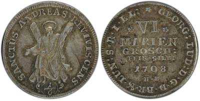 博洋堂“物美丰成”11月精品专场暨第145期（全场包邮） - PCGS AU50 德国布伦瑞克-卡伦堡-汉诺威1708年6Mgr银币，唯一冠军分！盒子背面卡槽有磕损