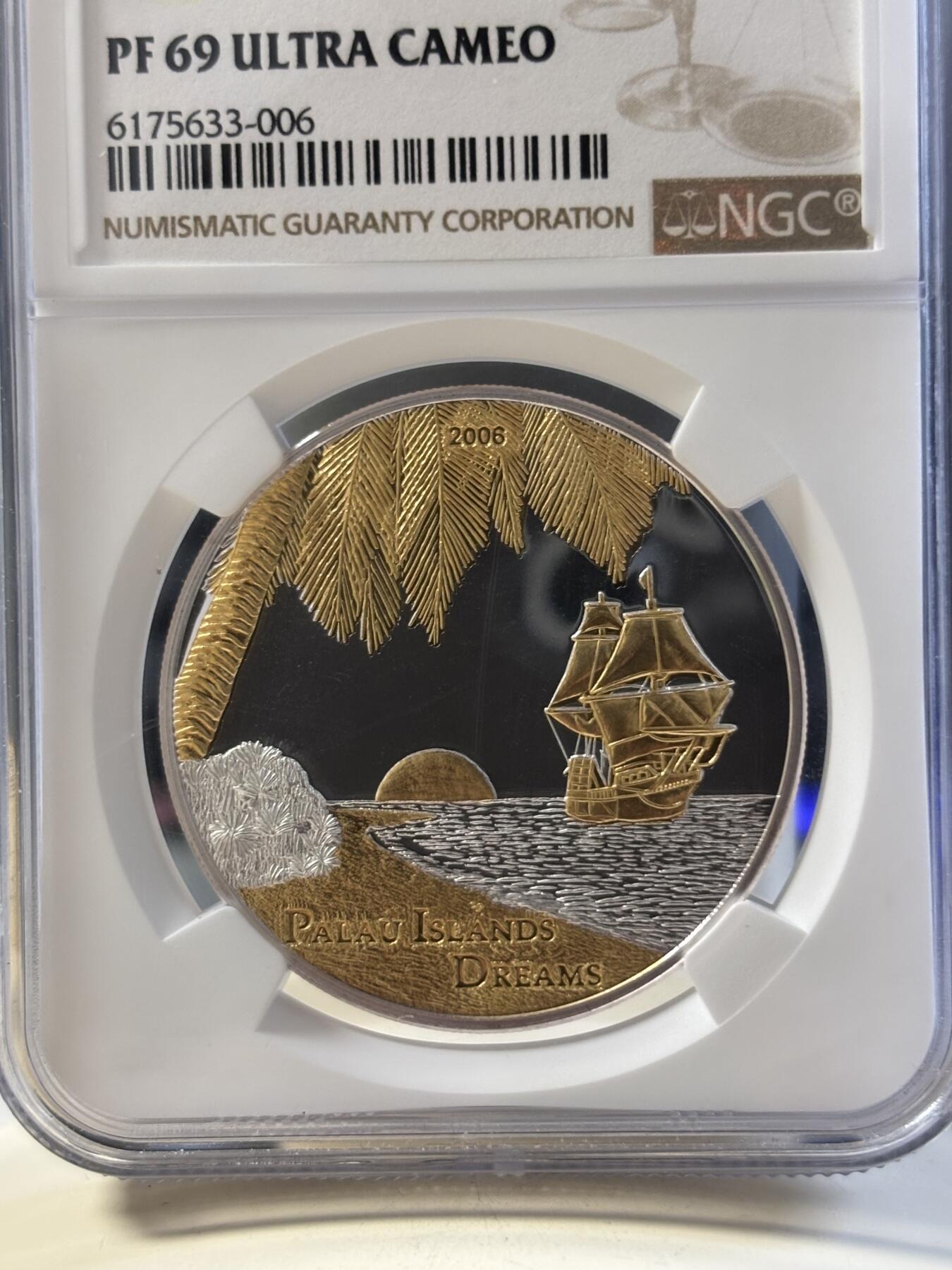 第181期拍卖 帕劳2006年美丽天堂海岛梦幻海滩镀金银币NGC-PF69无盒证书，925银，25克，发行500枚
