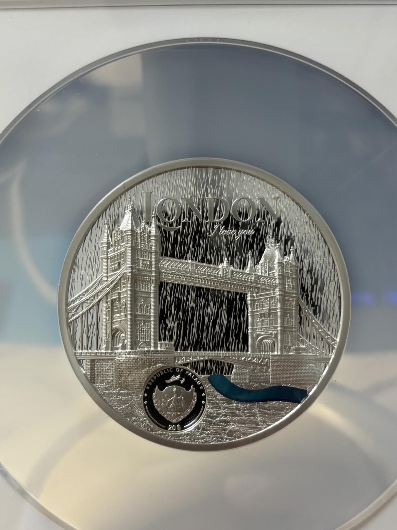 第181期拍卖 帕劳2023年城市蒂凡尼伦敦镶玻璃纪念银币NGC-PF70无原盒证书，999银，发行量999枚
