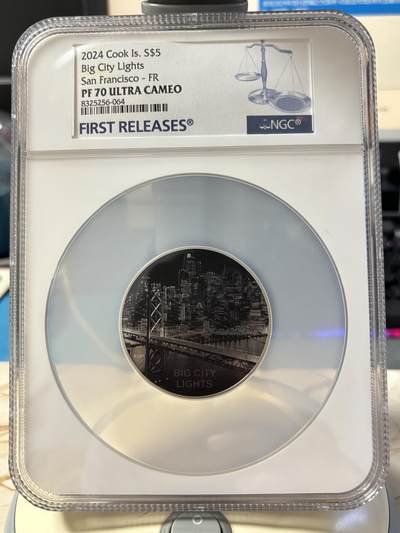 第181期拍卖 -  库克2024年发行的城之光系列-旧金山光线反射纪念银币NGC-PF70首 无盒无证书，999银，1盎司