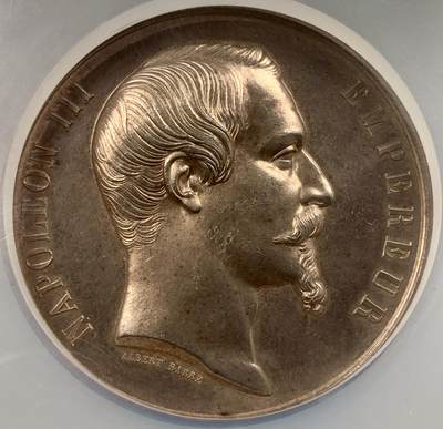 掌中浮雕-藏着的欧洲第040场 - NGC MS63 : 1855年法国巴黎世博会银奖章 ,60mm，130g