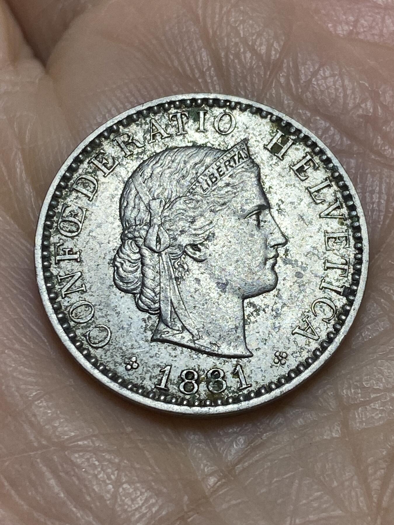 2025年第一百二十二场(总第一百四十八场）外国好品散币(免佣金) 稀少年份–瑞士🇨🇭1881年20分(瑞士联邦第二版，首发年，b标伯尔尼造)