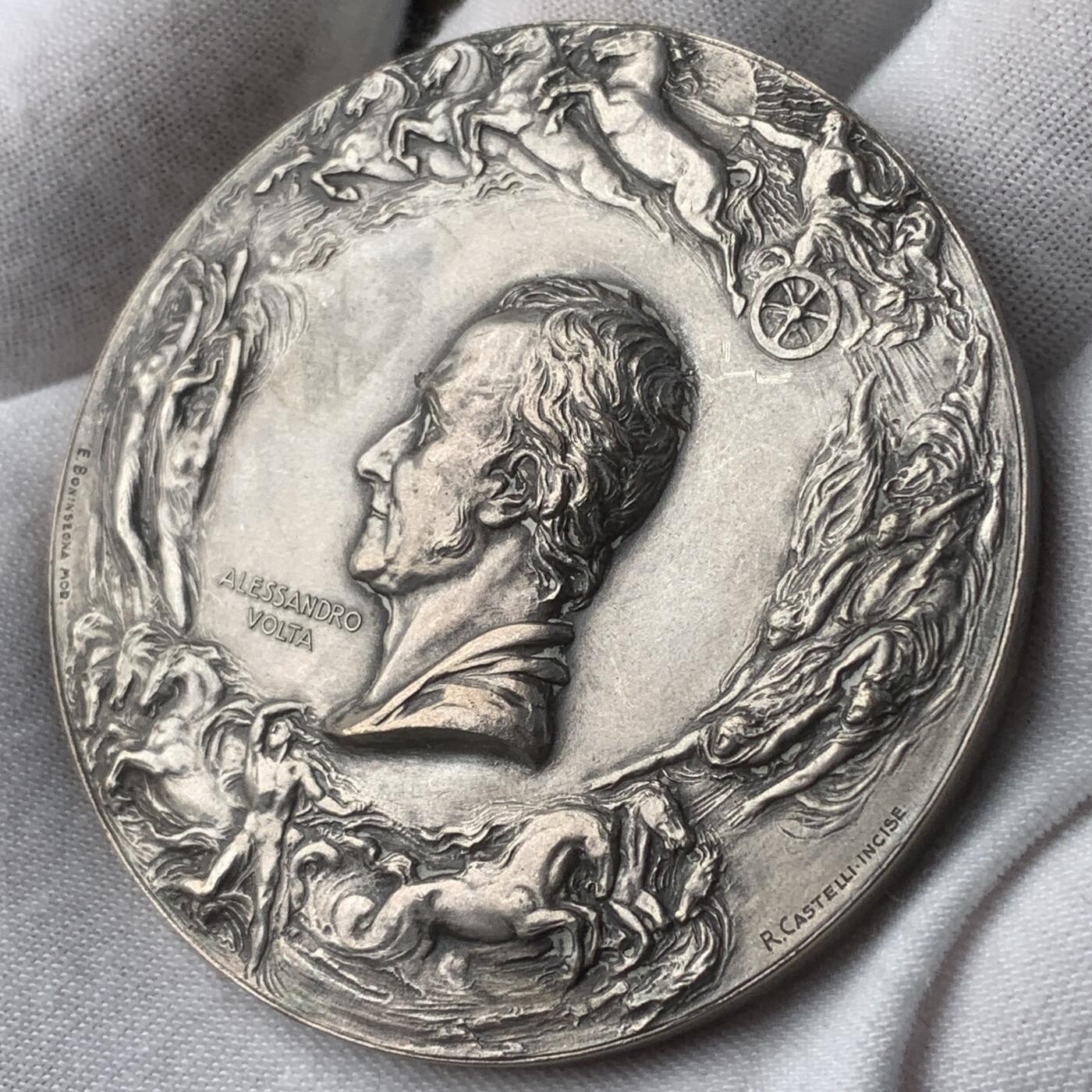 掌中浮雕-藏着的欧洲第040场 1927年意大利物理学家伏特逝世100周年镀银铜章 G.Lonazzi雕刻，59mm