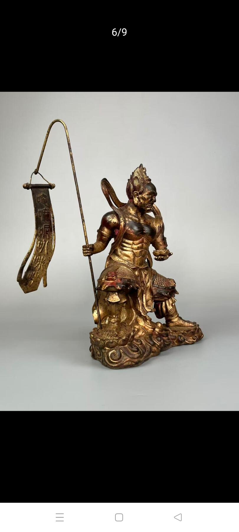 旧藏 【大士爷】铜胎漆金像，在佛门亦称面燃鬼王、焦面大士、焰口鬼王、面燃大士等，道门称其为“幽冥教主冥司面燃鬼王监斋使者羽林神”或“幽冥教主冥司面然鬼王甶孑大帝”，尊称普渡公。其司掌阴间地府并统管阳世亡灵，象征鬼魂统帅！