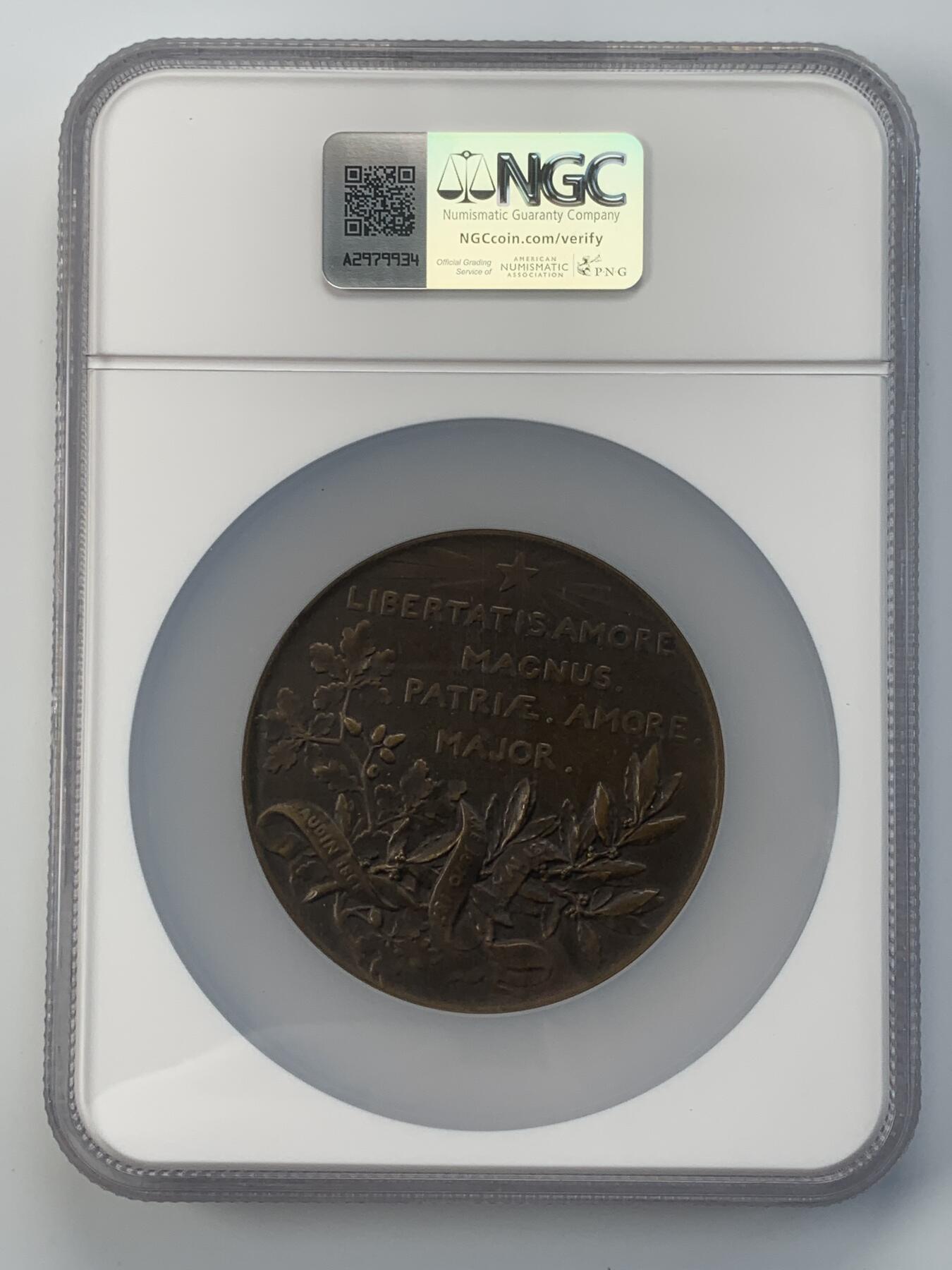 掌中浮雕-藏着的欧洲第040场 NGC MS63 : 1882年法国政治家莱昂·甘必大（Léon Gambetta）逝世纪念铜章，69mm，章牌大师奥斯卡.罗蒂Oscar Roty（1846-1911）作品