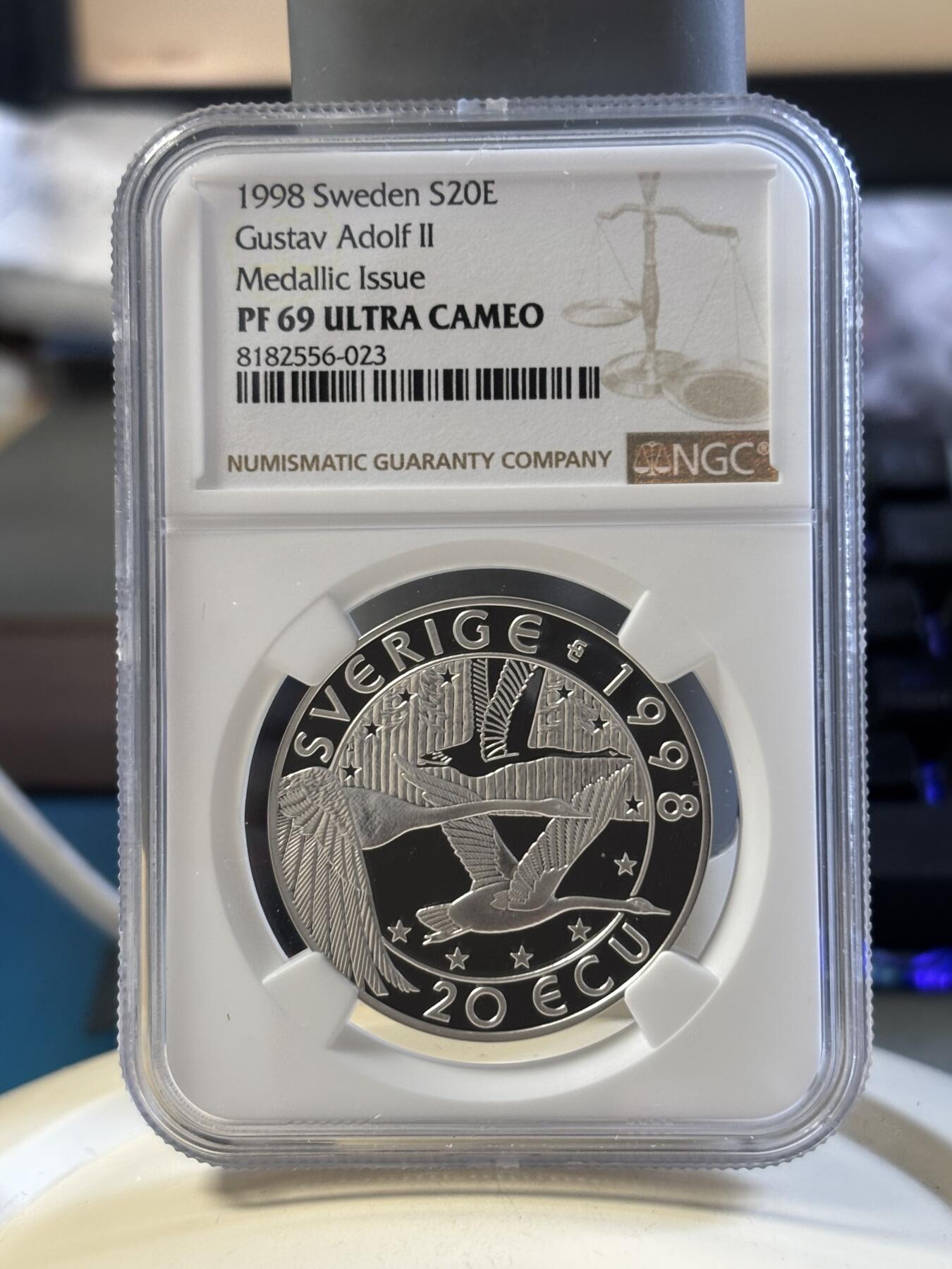 第182期拍卖 瑞典1998年20埃居 欧洲人物古斯塔夫阿道夫将军精制纪念银币NGC-PF69,27克，925银