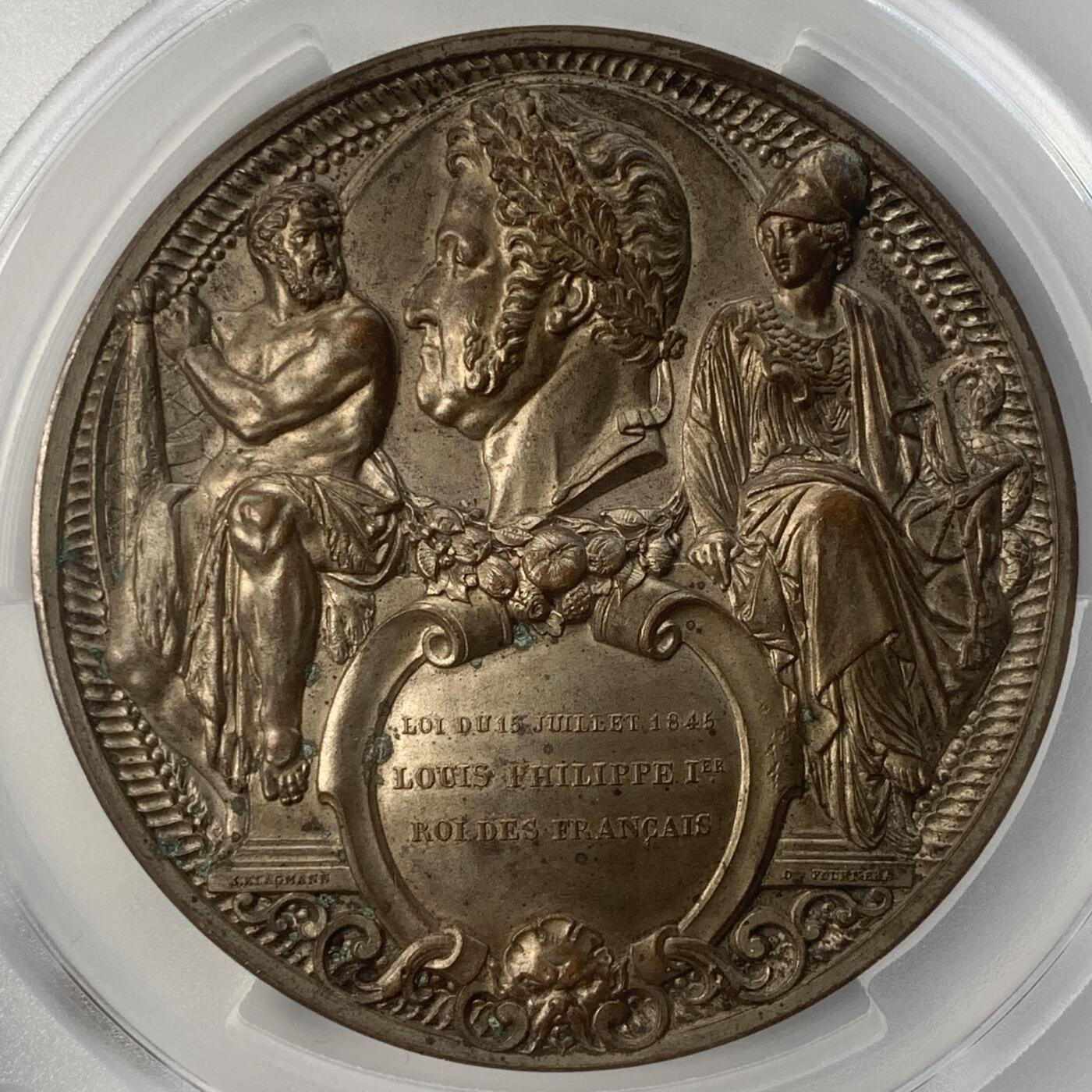 掌中浮雕-藏着的欧洲第040场 PCGS MS63 : 1845年法国外交部大楼奠基镀银铜章，68mm