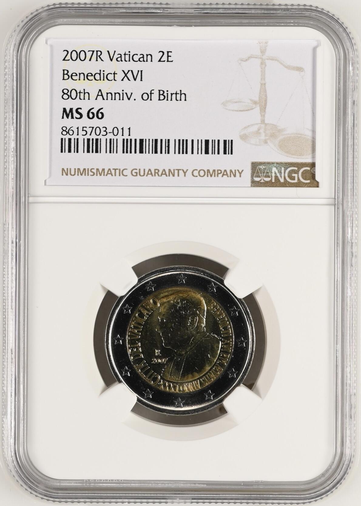 S&S Numismatic世界钱币-拍卖 第115期  梵蒂冈2007年 教皇本笃十六世80岁生日 2欧元双色纪念币 NGC MS66  