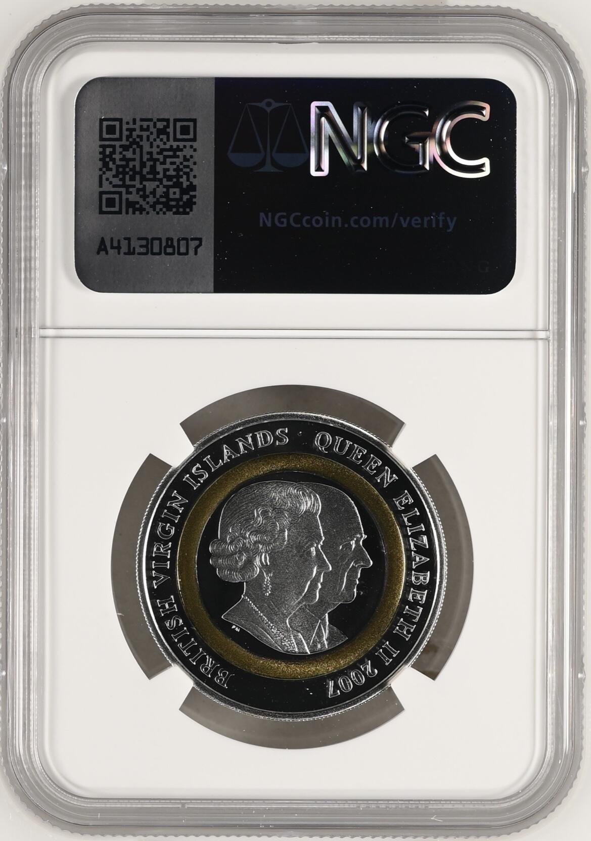 S&S Numismatic世界钱币-拍卖 第115期  英属维尔京群岛2007年 皇家钻石婚 5元999银+916金双色三圈镶嵌精制纪念币 NGC PF69UC 中圈为2.3克916金