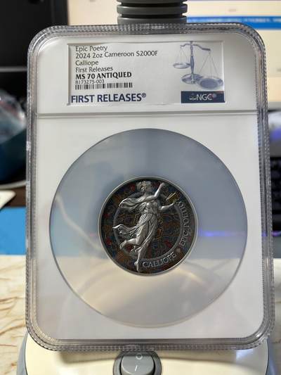 第181期拍卖 -  喀麦隆2024史诗级缪斯女神卡利奥普彩色2盎司银币NGC-MS70首无盒无证书，999银，发行500枚