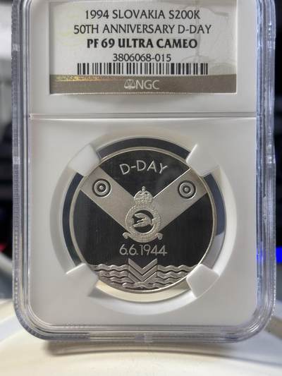 第181期拍卖 - 斯洛伐克1994年诺曼底登陆50周年精制银币NGC-PF69，750银，20克，发行2600枚