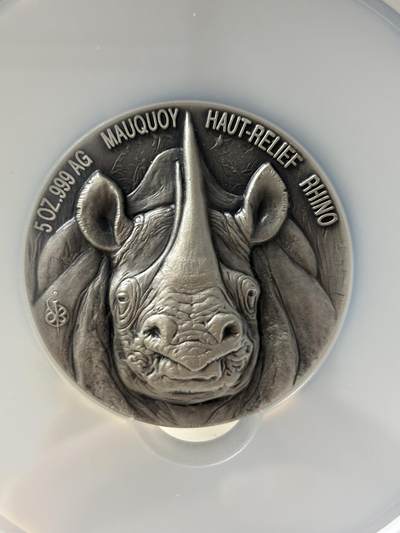 科特迪瓦2019年非洲五霸系列犀牛5盎司高浮雕银币NGC-MS70无原盒证书，999银