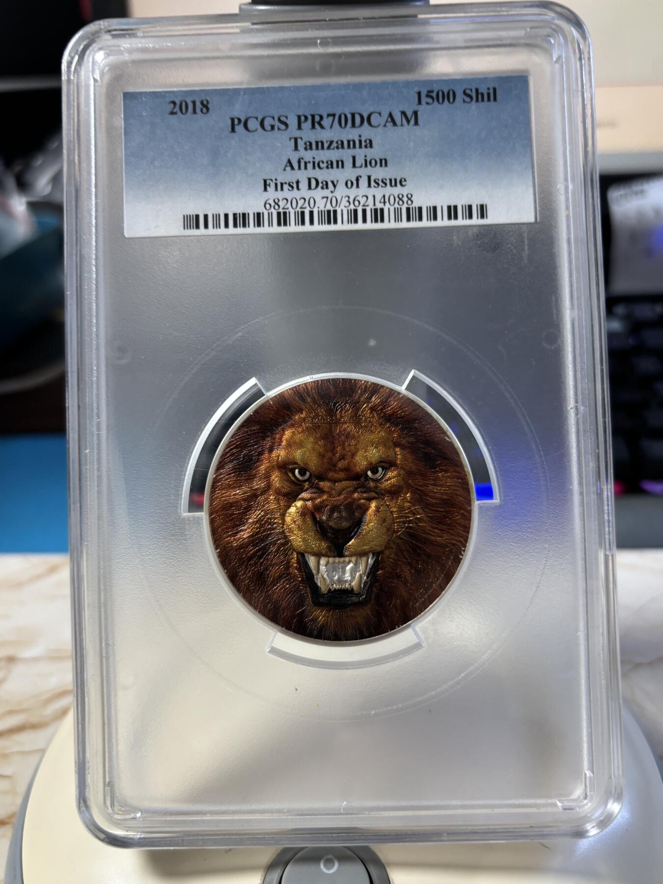 第181期拍卖 坦桑尼亚2018年珍稀动物雄狮2盎司银币PCGS-PR70首期无盒证书，999银，发行999枚