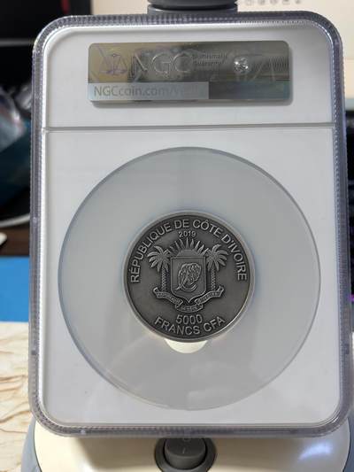 科特迪瓦2019年非洲五霸系列犀牛5盎司高浮雕银币NGC-MS70无原盒证书，999银