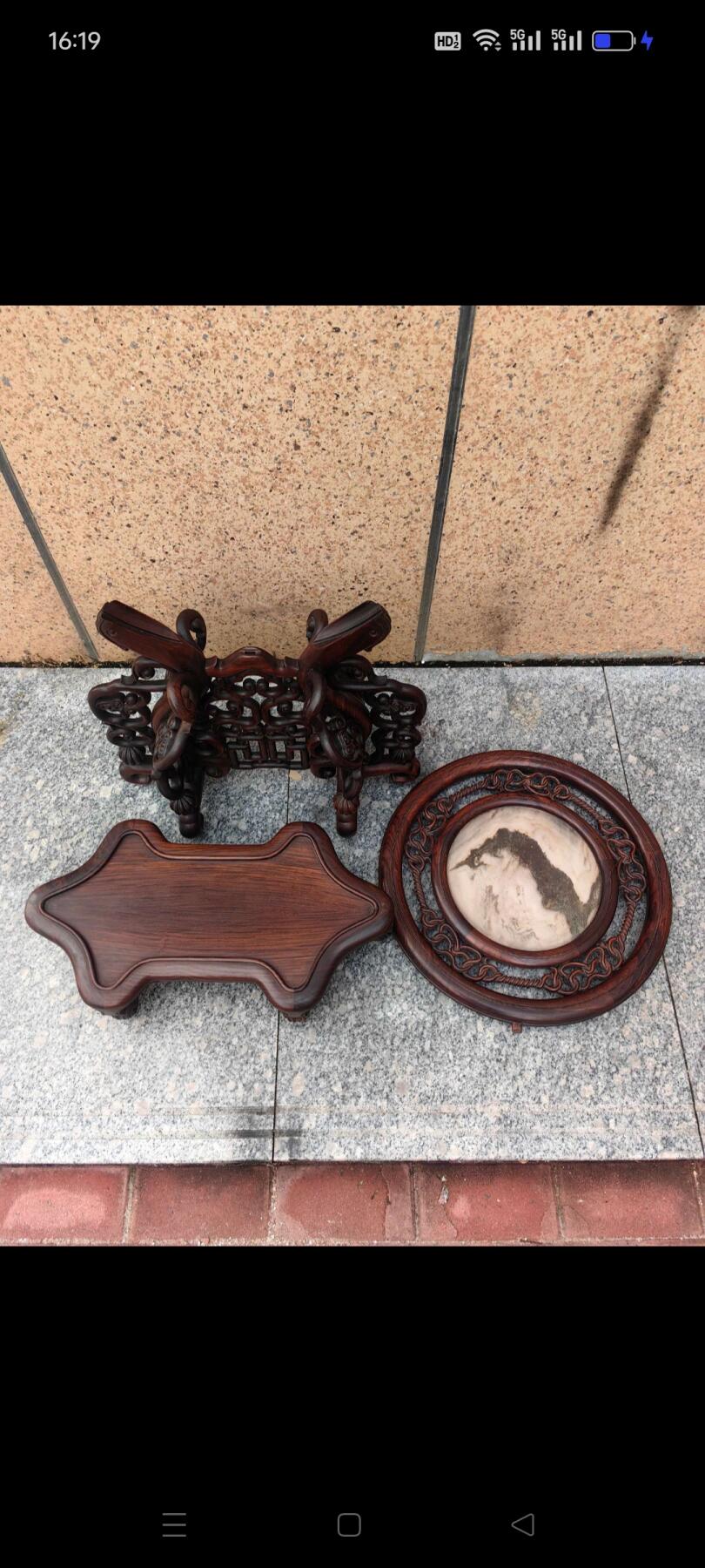 民国时期双面功老红木（大红酸枝交趾黄檀）插屏，云石镶嵌手工雕刻财源滚滚来 万事如意 五福迎门，三组盒全品相，原档货无修配