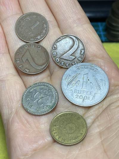 2025年第一百二十三场(总第一百四十九场）外国好品散币(免佣金) - 散币6枚：荷兰🇳🇱1878年1分，奥地利🇦🇹1927年28年2格罗申，印度🇮🇳1985年25，2001年1卢比，德意志第三帝国1938年5芬尼