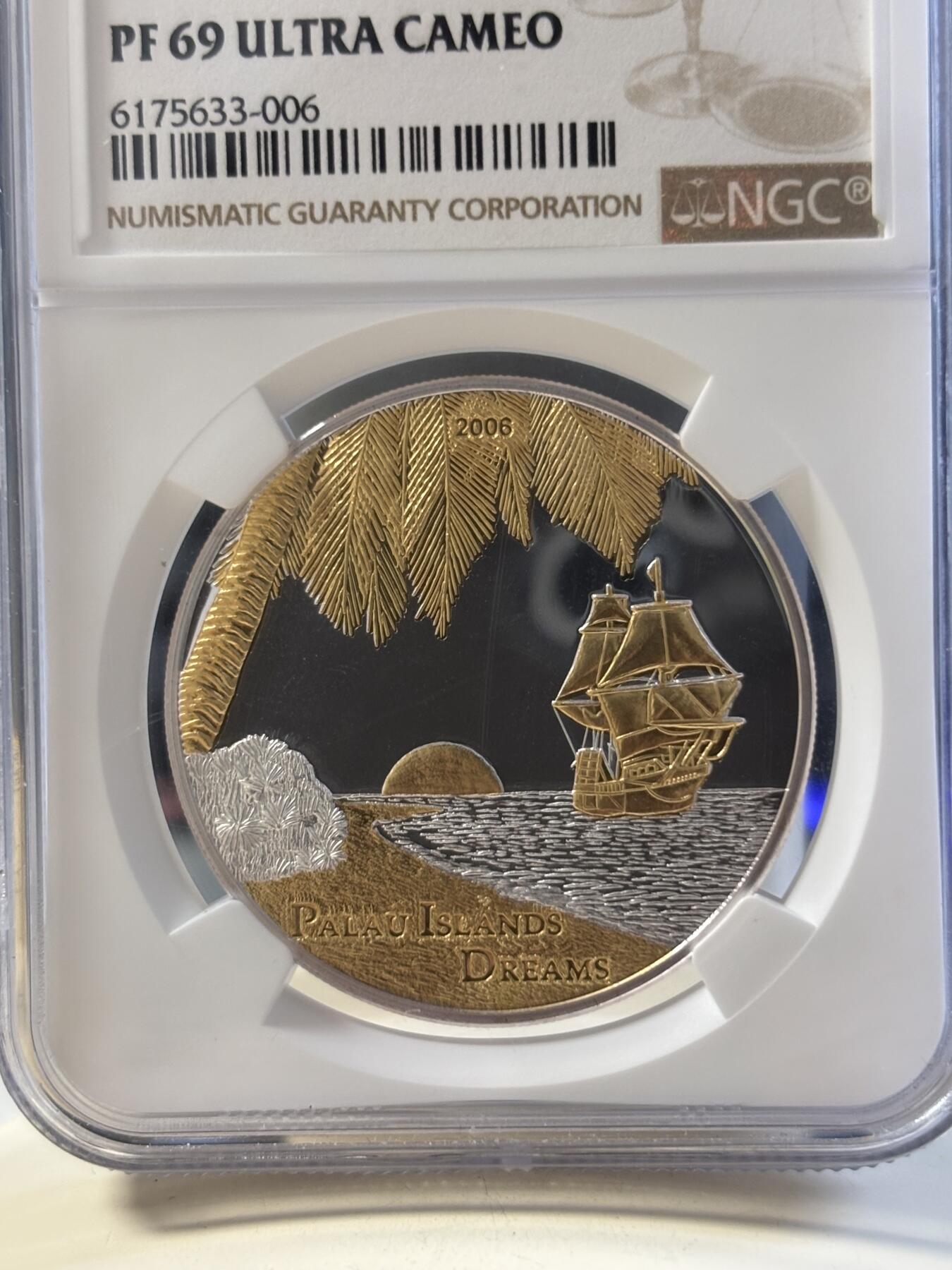 第181期拍卖 帕劳2006年美丽天堂海岛梦幻海滩镀金银币NGC-PF69无盒证书，925银，25克，发行500枚