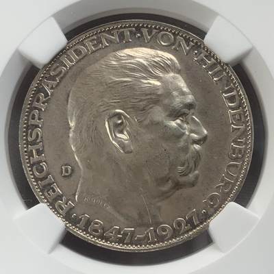 掌中浮雕-藏着的欧洲第040场 - NGC MS62 : 1927年德国兴登堡80大寿银章，（卡尔哥茨作品），36mm