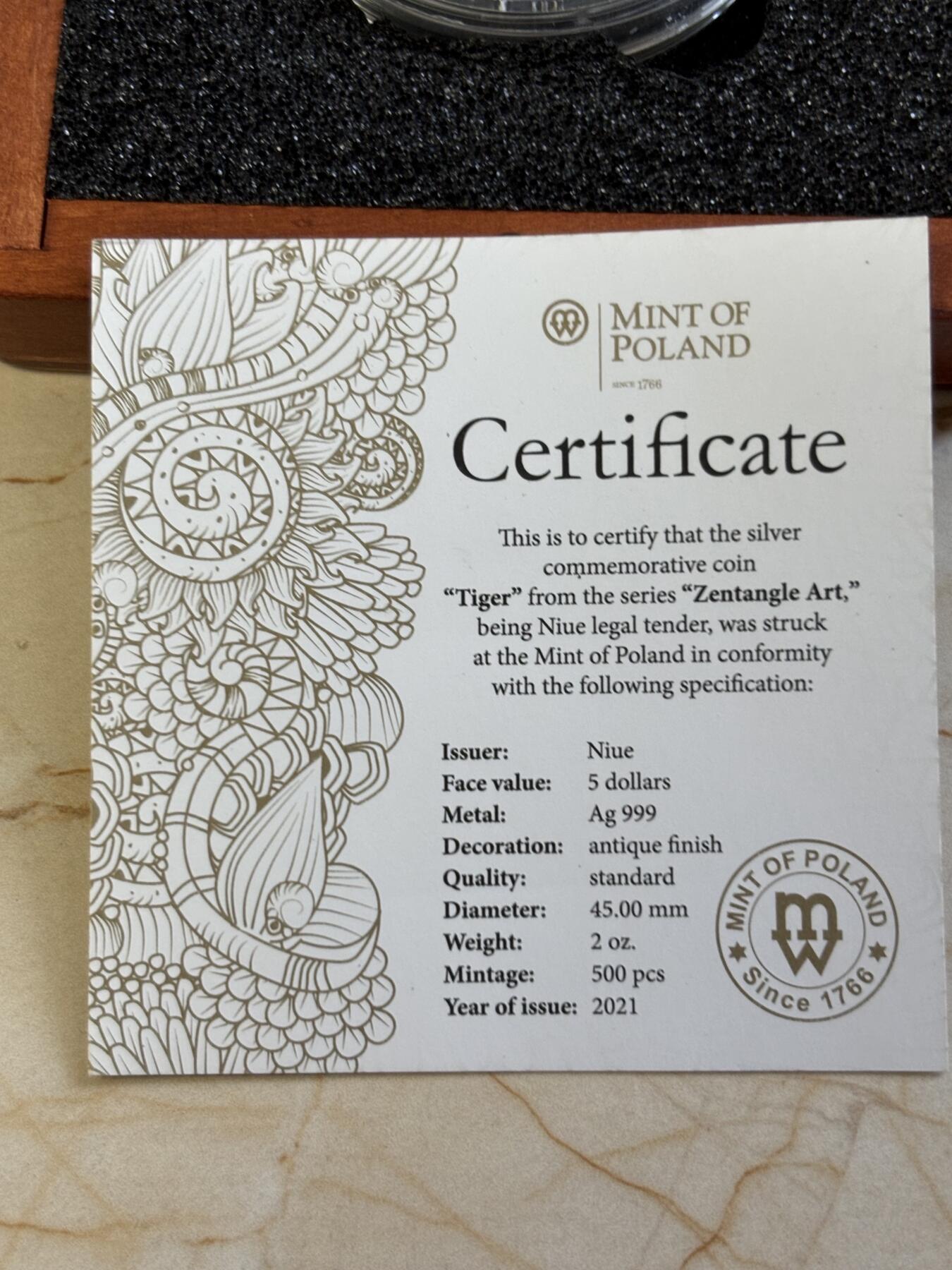 第181期拍卖 纽埃2021年曼陀罗艺术老虎2盎司高浮雕仿古银币，999银，发行量500枚