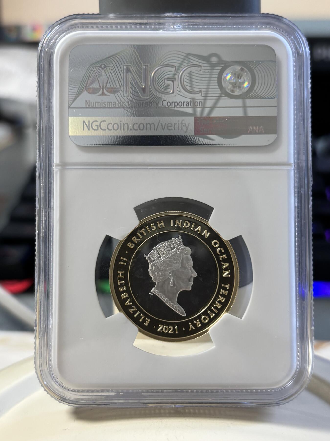 第181期拍卖 英属印度洋领地2021年女王神兽耶鲁山羊双色纪念银币NGC-PF69首期无原盒证书，12克，发行量475枚