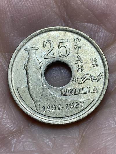 2025年第一百二十二场(总第一百四十八场）外国好品散币(免佣金) - 西班牙🇪🇸1997年25比塞塔(梅利利亚自治市纪念币)