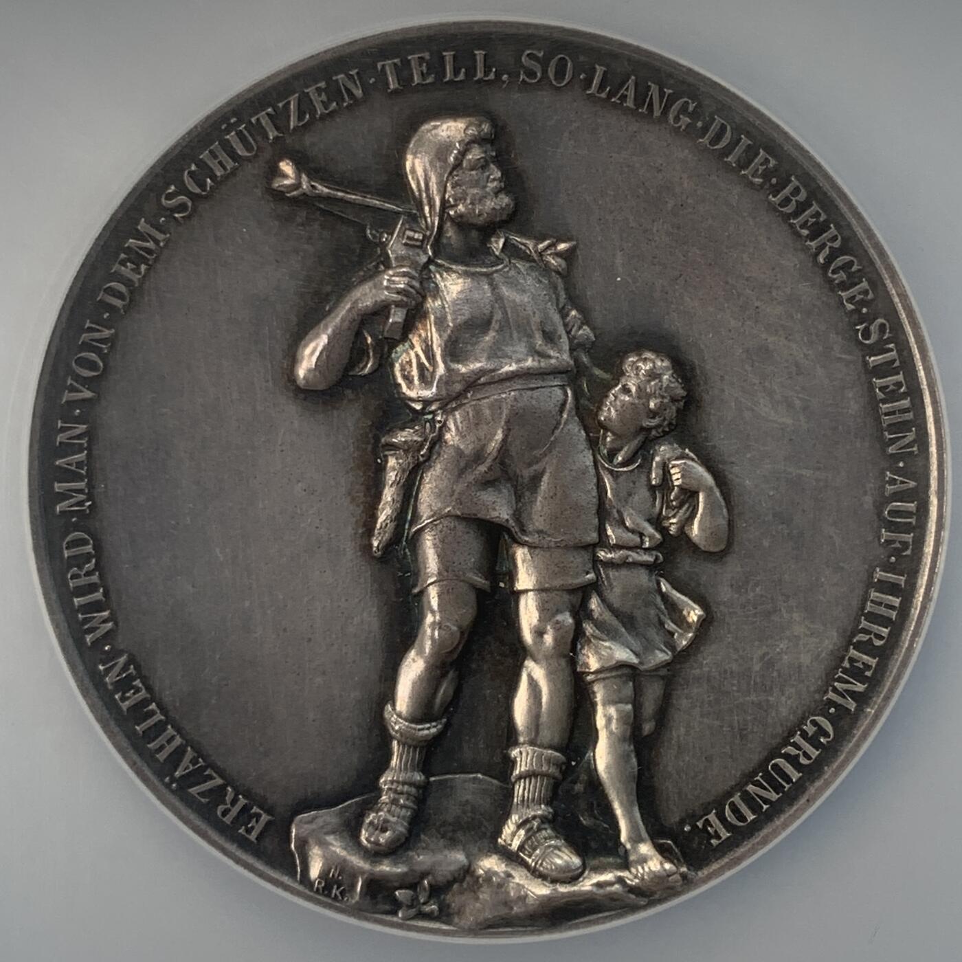 掌中浮雕-藏着的欧洲第040场 NGC MS62  : 1895年瑞士威廉泰尔父子雕塑落成纪念银章， 50mm