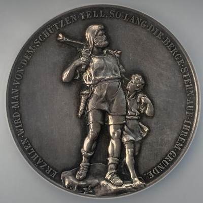 掌中浮雕-藏着的欧洲第040场 - NGC MS62  : 1895年瑞士威廉泰尔父子雕塑落成纪念银章， 50mm