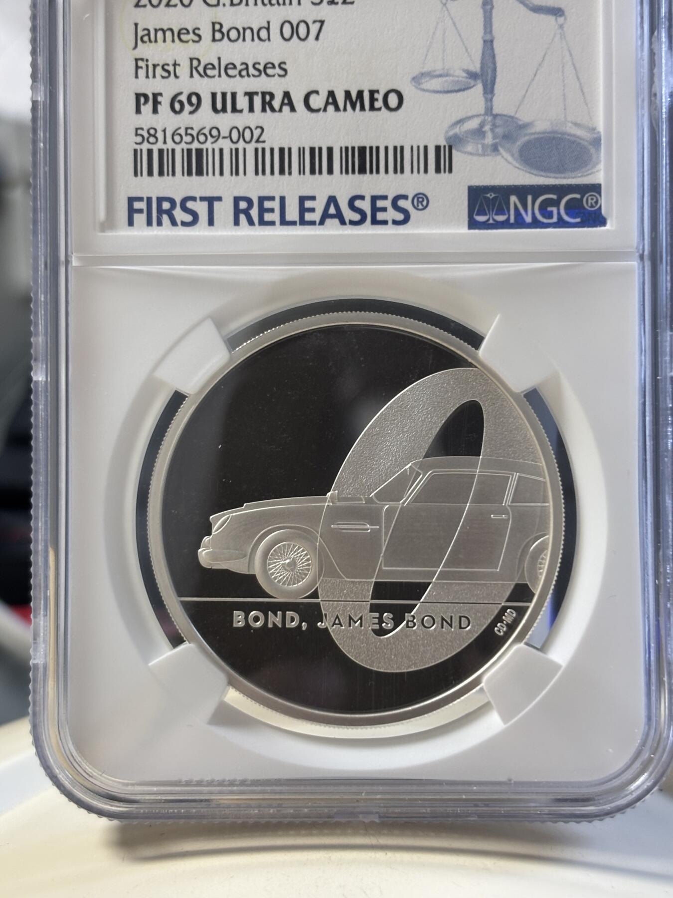 第181期拍卖 英国2020年007詹姆斯邦德系列2盎司银币NGC-PF69首无盒证书，999银，发行2007枚