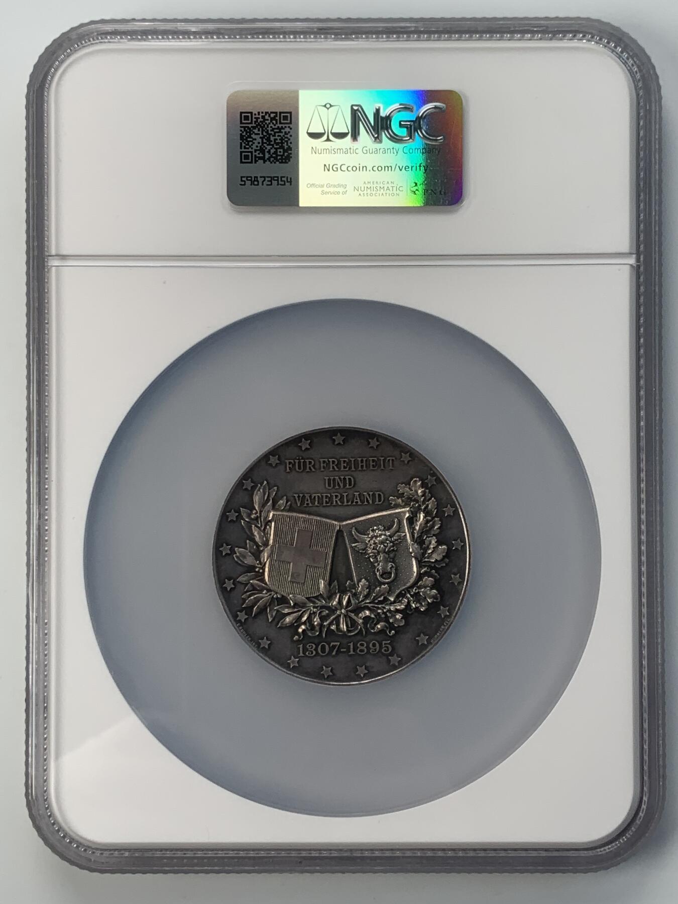 掌中浮雕-藏着的欧洲第040场 NGC MS62  : 1895年瑞士威廉泰尔父子雕塑落成纪念银章， 50mm