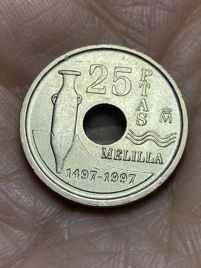 2025年第一百二十二场(总第一百四十八场）外国好品散币(免佣金) - 西班牙🇪🇸1997年25比塞塔(梅利利亚自治市纪念币)