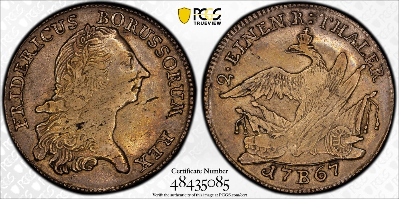 博洋堂“物美丰成”11月精品专场暨第145期（全场包邮） PCGS VF35 德国普鲁士1767年腓特烈大帝大炮王冠鹰1/2泰勒银币，非常少见，唯一冠军分！盒子背面左上角卡槽有一小磕
