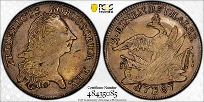 博洋堂“物美丰成”11月精品专场暨第145期（全场包邮） - PCGS VF35 德国普鲁士1767年腓特烈大帝大炮王冠鹰1/2泰勒银币，非常少见，唯一冠军分！盒子背面左上角卡槽有一小磕