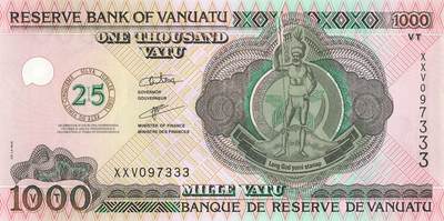 小福收藏拍卖第197期 裸钞场 本期有多张豹子号靓号 百慕大03年50元纪念钞百位号 马来亚和英属婆罗洲开国第一张纸币大冠女王 马来亚 41年1元英王乔六 法属太平洋10000法郎 捷克1000克朗纪念钞千位号  卢森堡 1000法郎  萨尔瓦多样钞 匈牙利 法罗群岛 危地马拉等多国精美纸币 - 瓦努阿图 2005年 1000瓦图 独立25周年纪念钞  豹子号333 unc