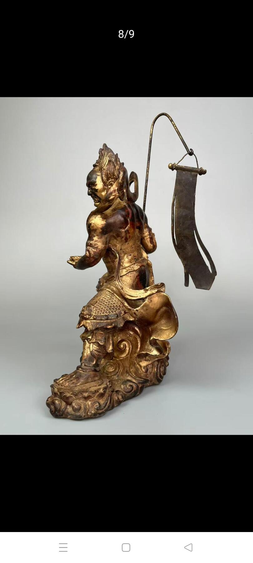 旧藏 【大士爷】铜胎漆金像，在佛门亦称面燃鬼王、焦面大士、焰口鬼王、面燃大士等，道门称其为“幽冥教主冥司面燃鬼王监斋使者羽林神”或“幽冥教主冥司面然鬼王甶孑大帝”，尊称普渡公。其司掌阴间地府并统管阳世亡灵，象征鬼魂统帅！