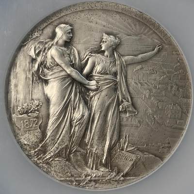 掌中浮雕-藏着的欧洲第040场 - NGC MS61 : 1872年法国科学促进协会镀银铜章，68mm, 章牌大师奥斯卡.罗蒂Oscar Roty（1846-1911）作品