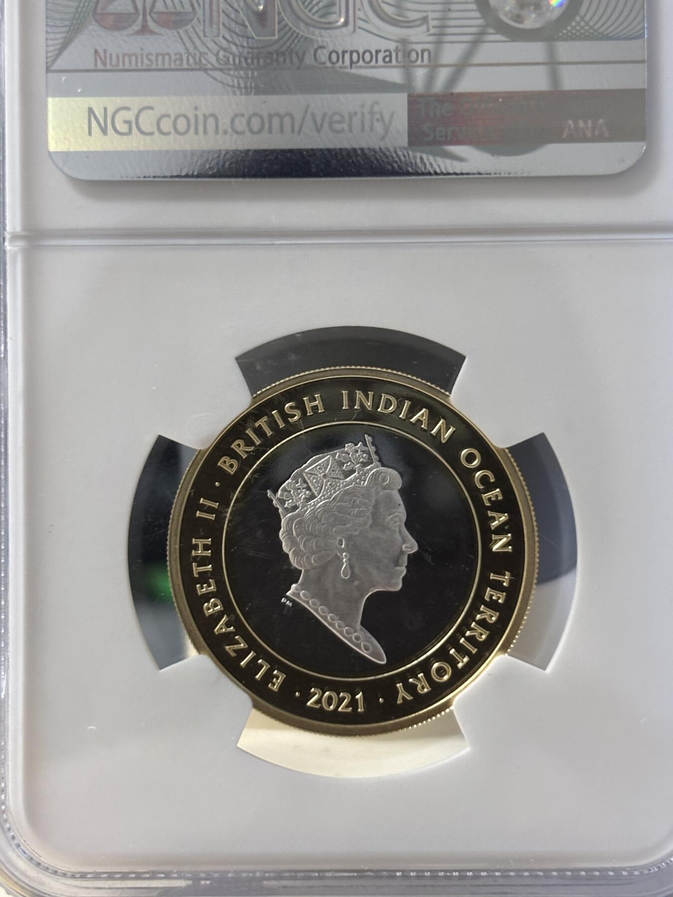第181期拍卖 英属印度洋领地2021年女王神兽耶鲁山羊双色纪念银币NGC-PF69首期无原盒证书，12克，发行量475枚